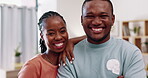 Happy, smile and portrait of black couple excited together in a home, house or apartment feeling confident and relax. Relationship, smile and people dating with happiness, care and love