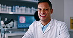 Scientist, man in laboratory and face with smile, medical research and innovation with science study and pathology. Portrait, happy male doctor and scientific experiment with healthcare professional