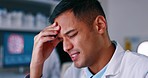 Stress, anxiety and scientist with headache in laboratory, tired and sad Indian man working late. Mental health, burnout and science, frustrated doctor in lab with hand on head for pain or massage.