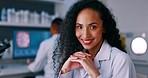 Scientist, woman in laboratory and face with smile, medical research and innovation, science study and pathology. Portrait, happy female doctor and scientific experiment with healthcare professional