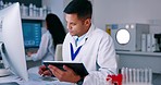 Science, research and man with tablet in lab for medical analysis and innovation in laboratory. Pharmaceutical analytics, medicine study and technology, scientist checking internet data or results.