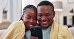 Laugh, phone and black couple on sofa in home for bonding, quality time and watching videos together. Communication, network and man and woman on smartphone for social media, internet and online meme