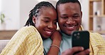 Relax, phone and black couple on sofa in home for bonding, quality time and check social media website. Communication, network and man and woman on smartphone for mobile app, internet and online meme