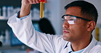 Science, sample and experiment with a doctor man in a laboratory for innovation or research. Medical, study and analysis with a male scientist working in a lab for breakthrough or development 