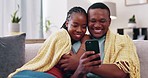 Relax, phone and black couple laugh on sofa in home for bonding, quality time and check social media. Communication, network and man and woman on smartphone for mobile app, internet and online meme