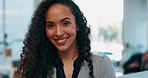 Startup, smile on face and woman in modern office with confidence and happy entrepreneur at work. Portrait of businesswoman with job success, career opportunity and professional business in workplace