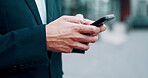 Hands, smartphone and business man in city typing, communication and chat with networking on commute. Travel, closeup and mobile app with email, notification and social media, mockup and male outdoor