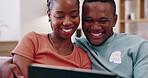 Laughing couple, tablet and home on social media, funny meme and online movie entertainment. Happy man, woman and black people watching subscription show, digital technology or download internet game