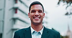 Portrait, happy and a business man in the city with a smile, feeling optimistic about a future career opportunity. Face, mindset or professionalism with a young male employee outdoor in an urban town