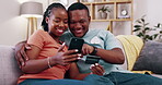 Happy couple, credit card and online shopping on smartphone, digital fintech payment and money app. Man, woman and black people with mobile banking, ecommerce and financial budget for website sales 