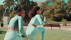 Women, friends and fitness in park with exercise, energy and training outdoor with healthy and active lifestyle. Motivation, support and female workout together with sports and cardio in nature