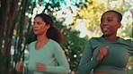 Runner women, friends and training in park with teamwork, together or support for speed in summer. Woman, fast running and fitness with focus, team building or development in nature for wellness goal