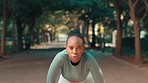 Running, tired woman face and park with fitness rest on a nature trail breathing from run. Runner, workout and female and exercise fatigue of a sprinter on a path for cardio and wellness training