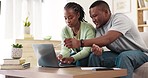 Collaboration, home laptop or black couple typing financial report, bank account payment and teamwork on budget analysis. Partnership, marriage and people do insurance, mortgage or finance accounting