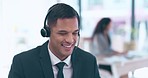 Customer service, happy and business man talking, speaking and in discussion for help, support and contact. Call center, communication and face of male consultant on call for crm assistance in office