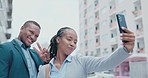 Happy, selfie and business people with a phone in the city while walking to their office building. Happiness, peace sign and African corporate employees taking picture while commuting to work in town