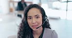 Business woman, call center and face consulting with headphones in customer service or support. Portrait of happy female consultant agent talking on headset in contact us for online advice at office