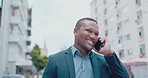 Phone call, black man and business communication in the city with a smile on travel. Walking, urban street and employee with mobile networking and online conversation outdoor speaking about work