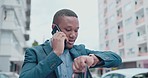 Talking, watch and a black man on a phone call for time, late and checking for schedule in city. Business, communication and an African employee speaking on a mobile with urgency for an appointment