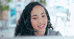 Call center, talking and business woman in office for consulting, customer service and advisory. Productivity, friendly and communication with female for technical support, contact us and connection