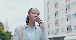 Phone call, black woman and business communication in the city with a smile on travel. Walking, urban street and employee with mobile networking and online conversation outdoor speaking about work