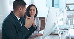 Business people, meeting and planning in team collaboration for corporate strategy or idea at office. Businessman talking to woman colleague on computer in company marketing, advertising or sales