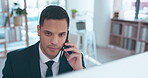 Phone call, computer and business man talking, discussion and support, corporate planning or online advice in office. Professional worker or person in serious conversation for tech company networking