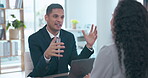 Businessman, interview and meeting for hiring process, corporate strategy or partnership at office. Man recruiter talking to woman employee, intern or recruit about company goals, skills or tasks