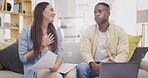 Laptop, couple and documents for financial planning in home, taxes or savings on sofa. Interracial, paperwork and happy black man and woman relieved with budget, insurance expense or finance bills.