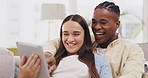 Tablet, smile and couple relax in home living room on sofa, streaming funny video and laughing. Interracial, technology and happy black man and woman with touchscreen for social media or web browsing