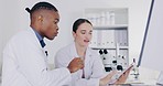 Science, tablet and scientists doing research in a lab for a experiment, innovation or project. Discussion, biology and professional scientific researchers working with biotechnology in a laboratory.