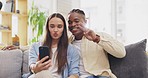 Peace sign, selfie and couple kiss in home, sofa and taking profile picture for happy memory. Funny, interracial and black man and woman with tongue out, kissing cheek and v emoji for social media.