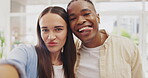 Tongue out, face selfie and couple kiss in home taking profile picture for happy memory. Portrait, interracial and black man and woman take photo, kissing cheek and peace sign emoji for social media.