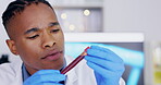 Science, test tube and black man thinking of research, vaccine solution and data analysis in laboratory investigation. Healthcare, medical scientist or african person with blood, red or dna liquid