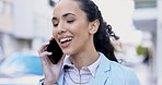 Business woman, phone call and walk in street for conversation, contact or happy for success with deal in metro. Businesswoman, smile and smartphone in city cbd for negotiation, networking and travel