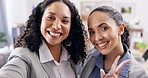 Office, friends portrait or women with peace sign for social media profile pictures with happy smile together. Teamwork, photography post or faces of business people smiling or relaxing in fun break 