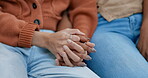 Hands, comfort and support with a couple in their home, showing unity or solidarity during grief or pain. Help, empathy and trust with people together to care, console or love for hope or healing