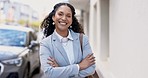 Face, business and woman outdoor, arms crossed and happiness with startup, cheerful and joyful. Portrait, female employee and entrepreneur with skills, smile and confident company, outside and travel