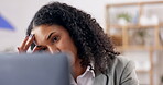 Mistake, laptop or business woman frustrated or stressed by online 404 error or networking glitch. Fear anxiety, failure or sad office worker upset after reading bad news or email in digital agency 