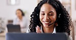 Call center, crm or friendly woman in communication or conversation at telecom customer service help desk. Face, smile or happy sales agent girl consulting, speaking or talking in tech support office