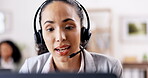 Call center, customer service or woman in crm communication, conversation or explaining. Microphone, headset or female sales agent consulting, talking or speaking of tech support at help desk office