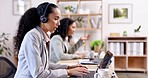 Call center, customer service people or women consulting, conversation or explaining at help desk. Microphone, moving 
or female sales agents communication, talking or speaking of tech support office