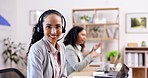 Call center portrait, customer service people or women consulting, conversation or explaining at help desk. Moving or face of friendly sales agents communication, talking or speaking of tech support