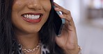 Phone call, mouth and happy outdoor woman talking, networking or speaking on smartphone communication chat. Discussion, city conversation or closeup person consulting with mobile contact on cellphone