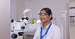 Science woman, medical and laboratory for chemical test tube for futuristic innovation and development. Happy female scientist smile in a lab with liquid medicine or vaccine analysis or study