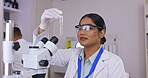 Medical science, woman and laboratory for chemical experiment for futuristic innovation and development. Happy female scientist smile in a lab with liquid test tube to for analysis, results or study