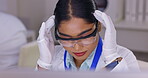 Medical science, woman and headache in laboratory with stress, burnout and glasses for research. Frustrated female scientist in lab with technology for scientific innovation with pain or tension