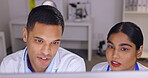 Doctor, collaboration and teamwork in healthcare research on computer for science or breakthrough at laboratory. Man medical professional and woman working on scientific data on desktop PC at the lab