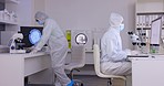 Medical, laboratory staff and safety gear while working on a scientist collaboration and research. Healthcare, dna search and microscope study in a lab with forensic team with science report planning