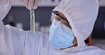 Covid, mask and sample with a man scientist working in a laboratory for research or innovation. Science, medical or biology with a male doctor closeup in a ppe uniform while in a lab for development